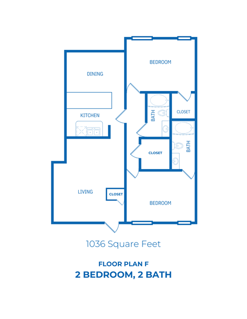 Floor plan for 2 beds, 2 baths, 1036 sqft